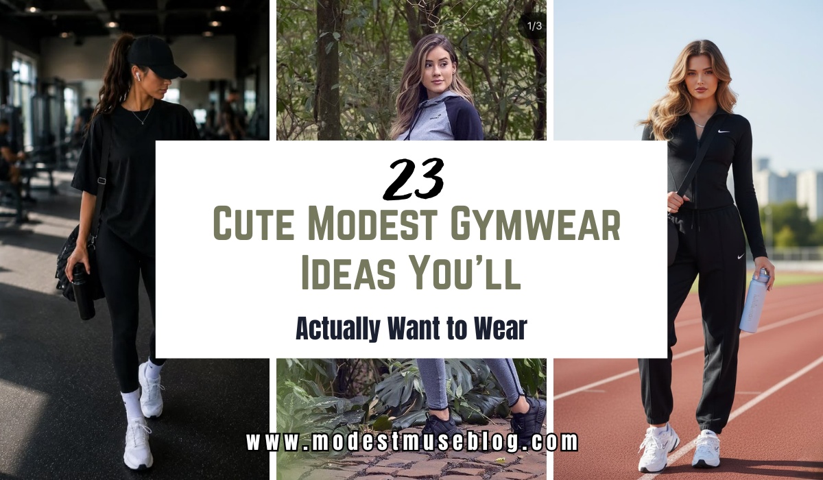 three-grid modest gym outfit with text overlay 23 Cute Modest Gymwear Ideas You'll Actually Want to Wear
