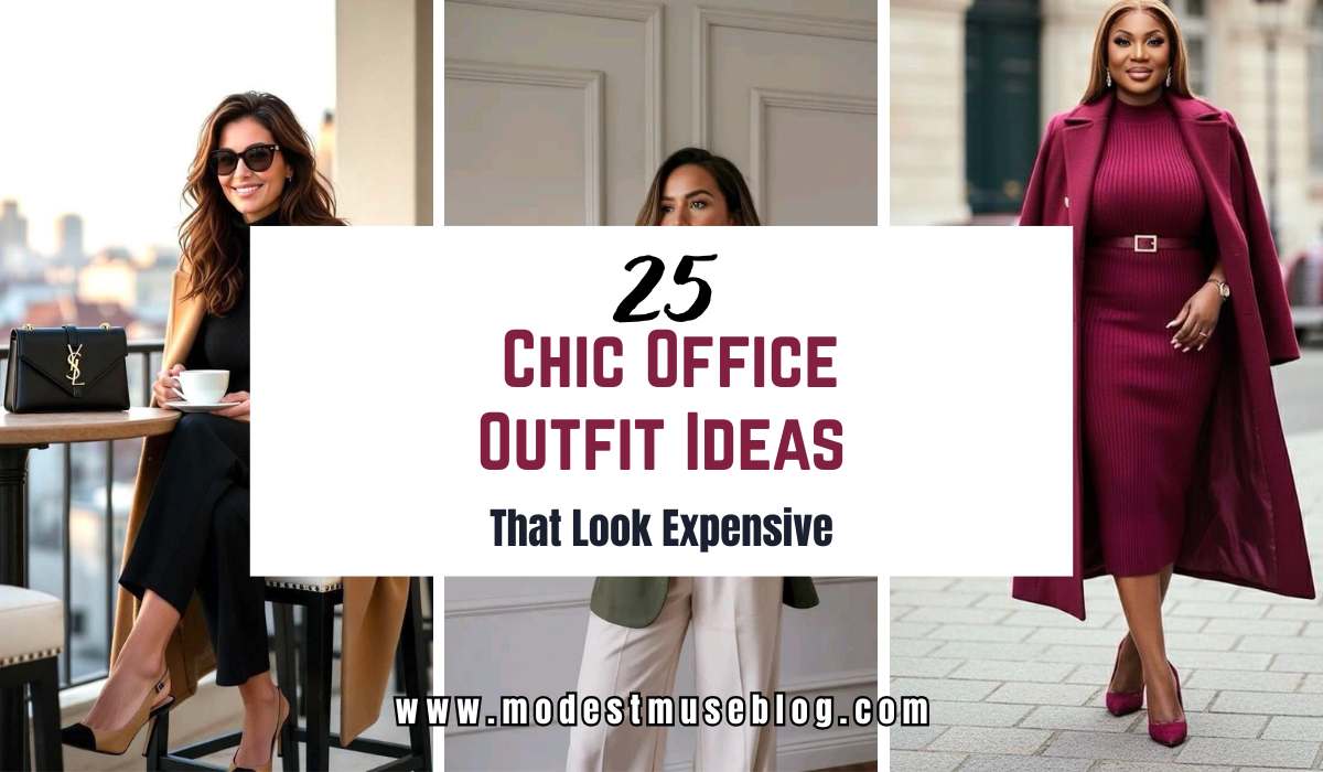 three grid modest office outfits with center text overlay Chic Office Outfit Ideas That Look Expensive