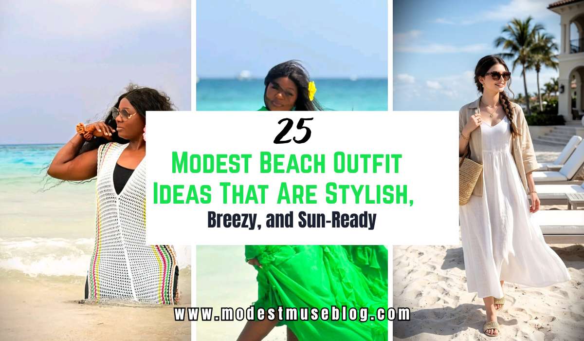 three-grid modest outfit with center text overlay 25 Modest Beach Outfit Ideas That Are Stylish, Breezy, and Sun-Ready