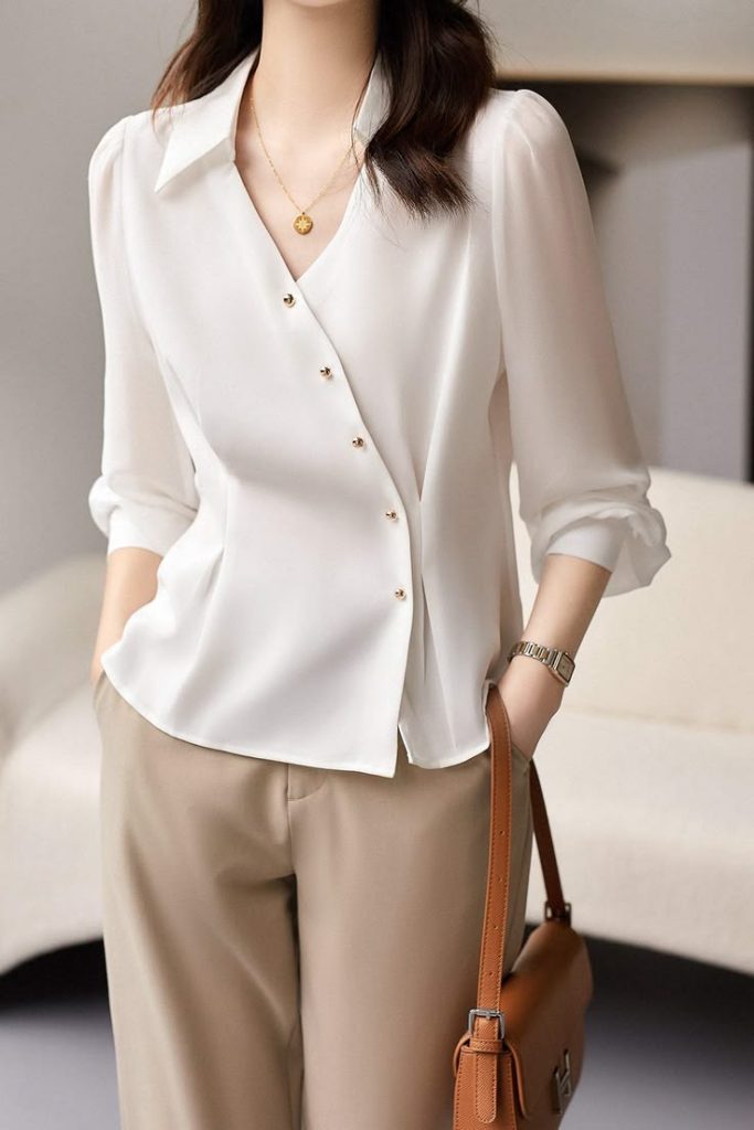 A Printed Blouse With Neutral Bottoms