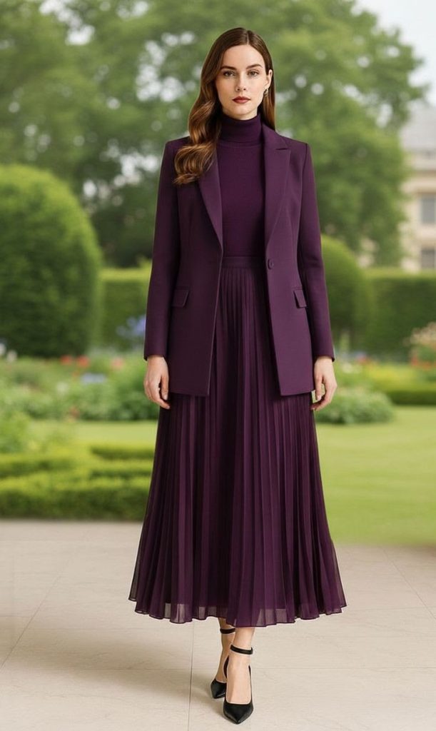 A lady in modest Aubergine Grace Set
