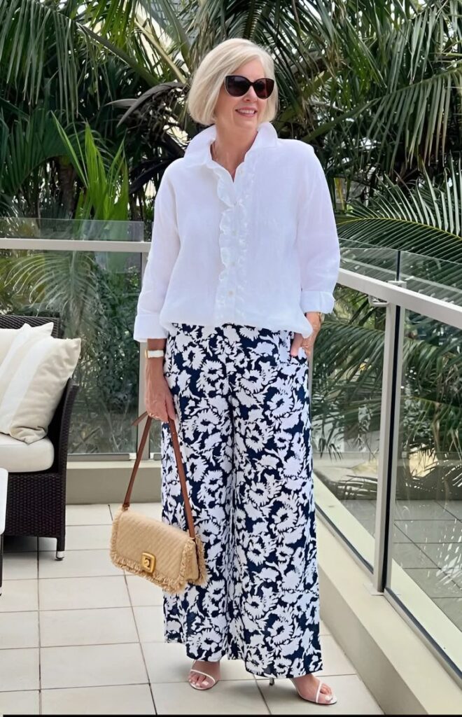 Abstract Floral Print Trousers with a White Blouser