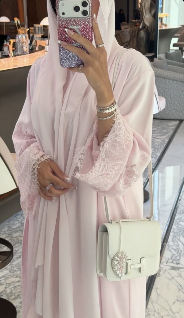 Baby Pink Abaya with Neutral Accessories