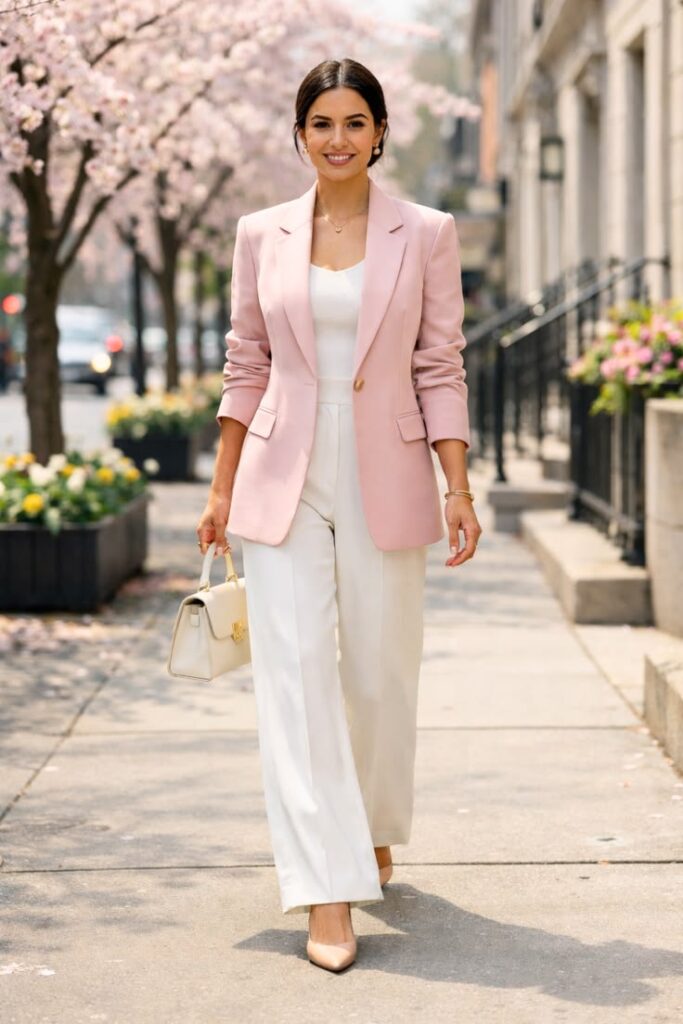 Baby Pink Blazer with White Wide-Leg Trousers
