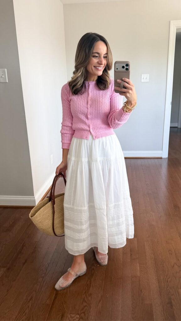 Baby Pink Cardigan over a White Maxi Dress