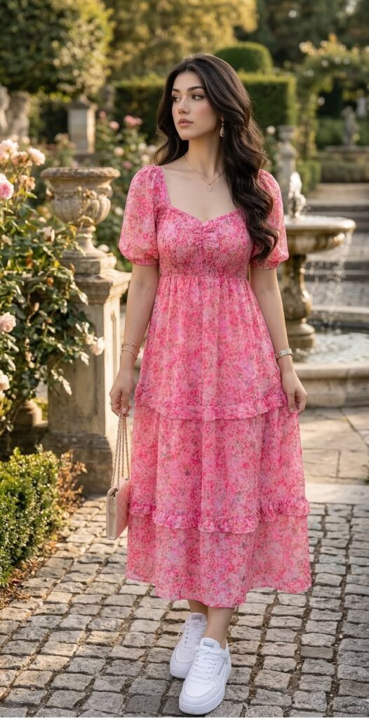  Baby Pink Floral Maxi Dress with Neutral Sandals