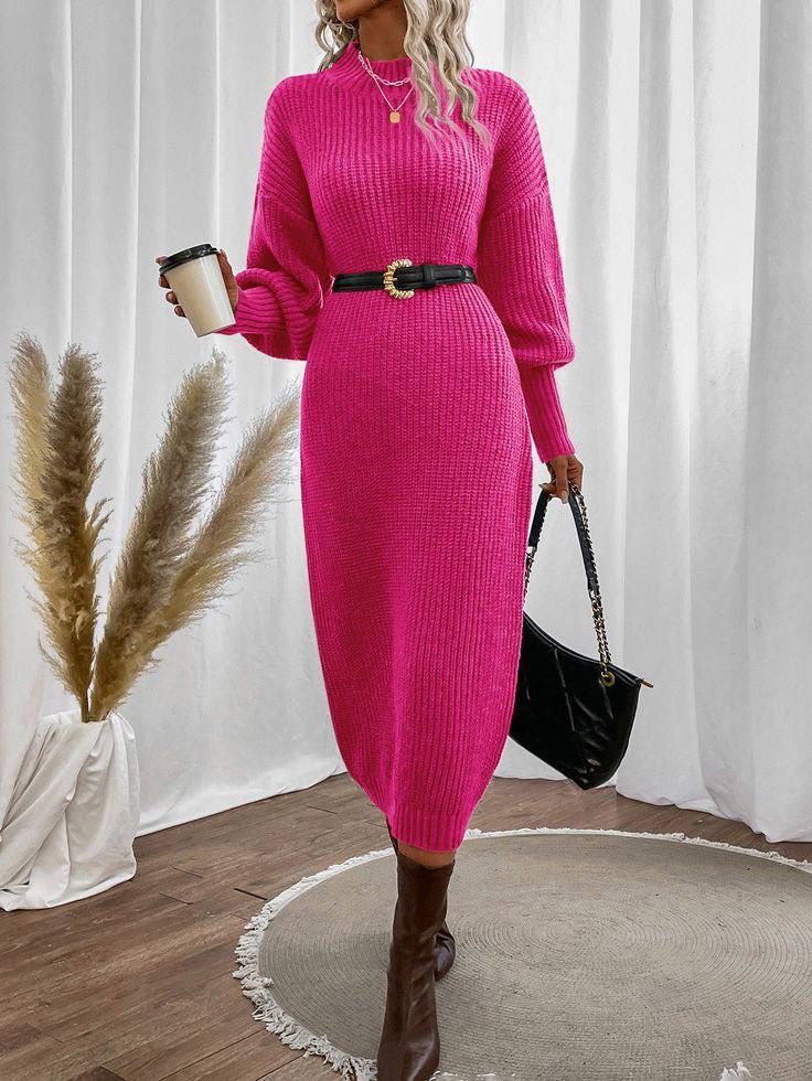  Baby Pink Knit Dress with Knee-High Boots