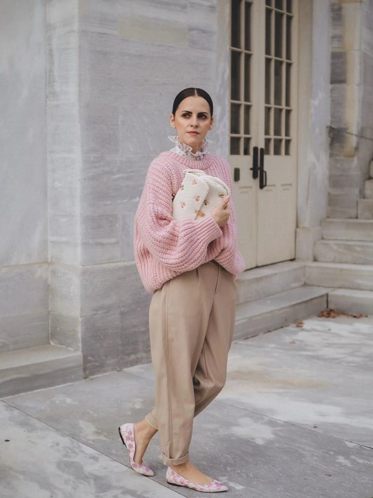  Baby Pink Knit Sweater with Beige Trousers