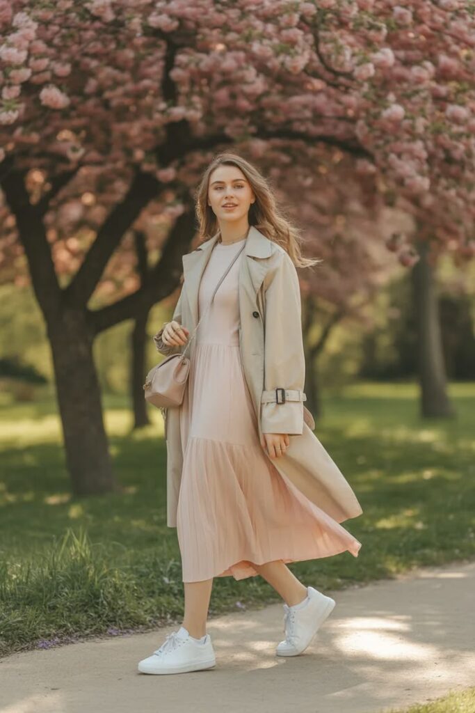 Baby Pink Maxi Dress with a Beige Trench Coat