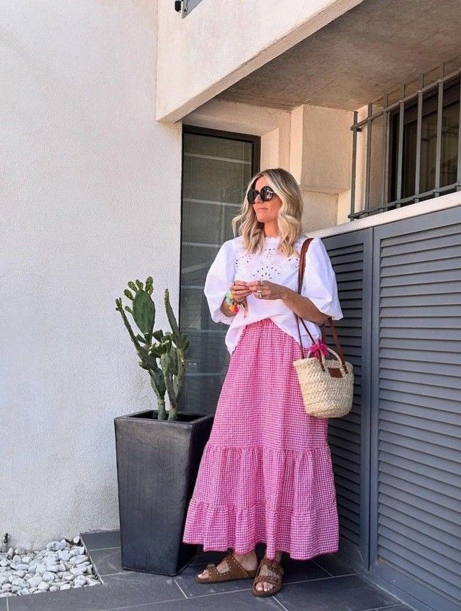  Baby Pink Maxi Skirt with a White Blouse