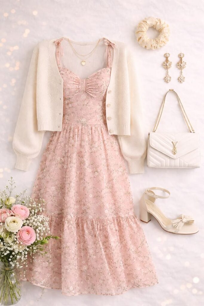 Baby Pink Midi Dress with a Cream Cardigan