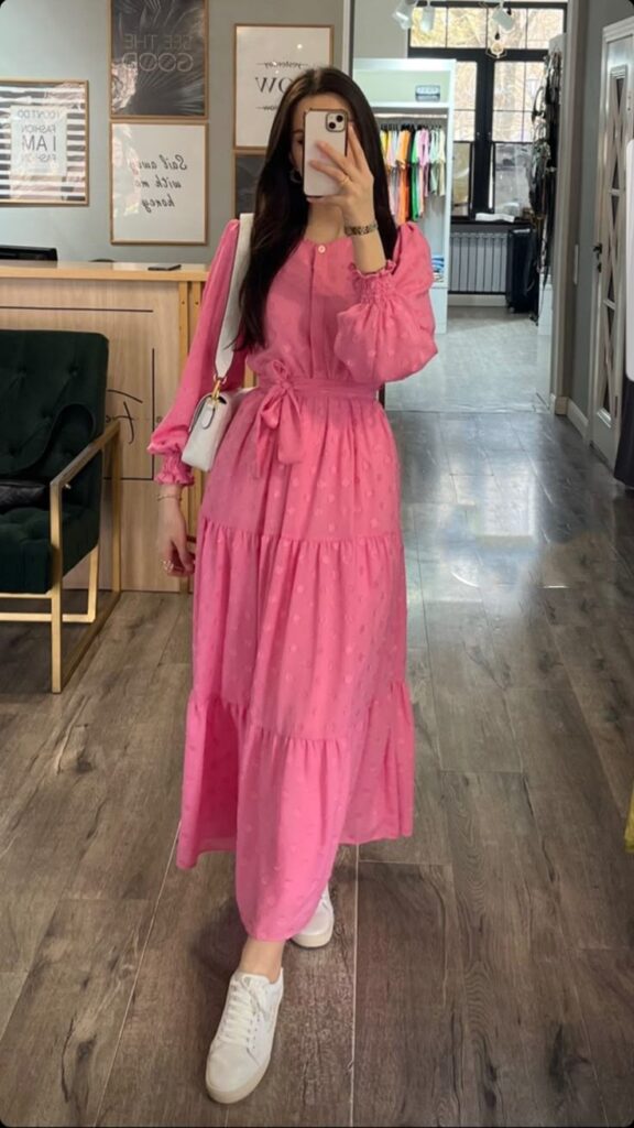Baby Pink Shirt Dress with White Sneakers