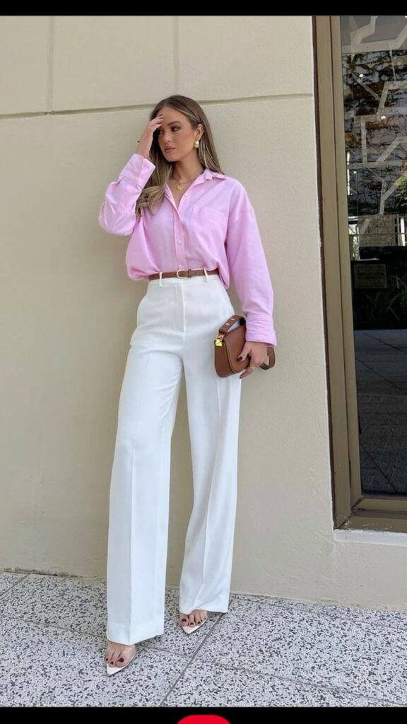 Baby Pink Shirt with White Linen Trousers