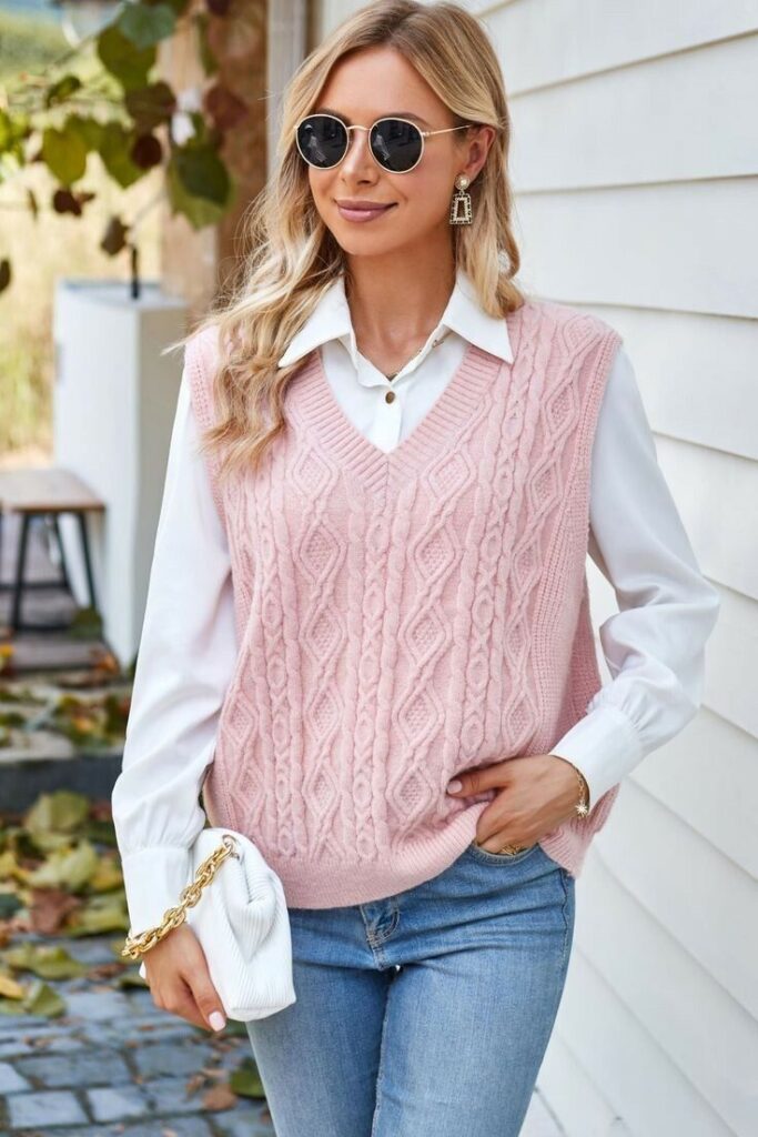 Baby Pink Sweater Vest over a White Shirt