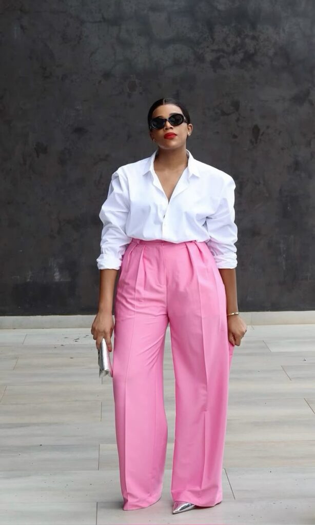  Baby Pink Wide-Leg Pants with a White Button-Down Shirt