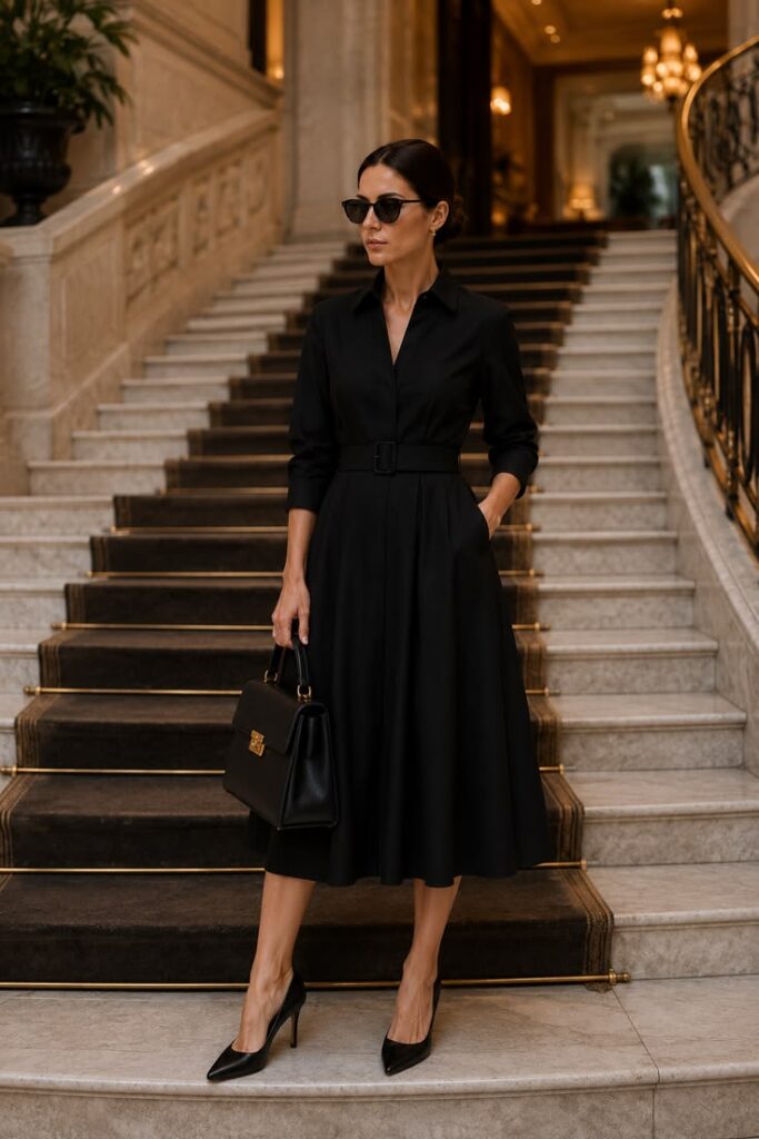 Black Midi Dress with Classic Pumps