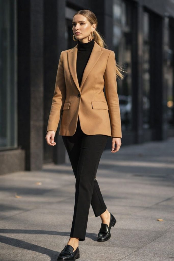 Camel Blazer Over Black Basics