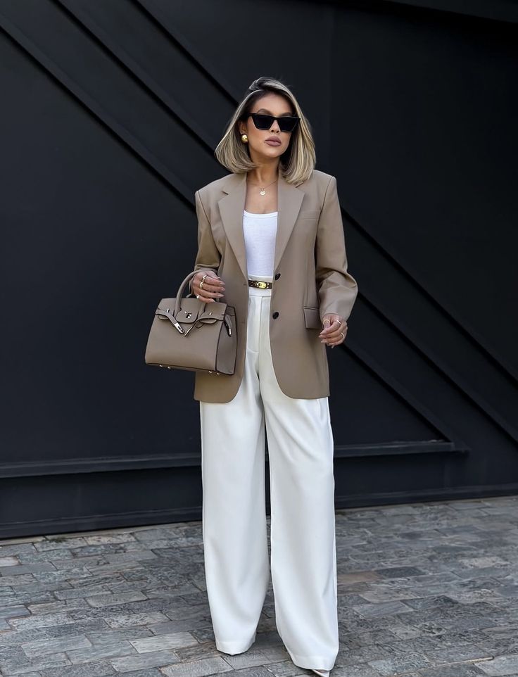 Camel Blazer with White Trousers