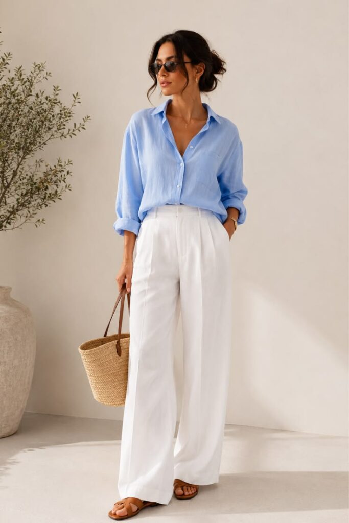Chambray Shirt with White Linen Trousers