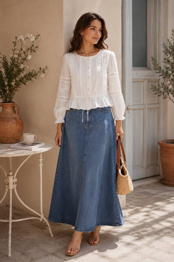Cotton Blouse with a Denim Maxi Skirt