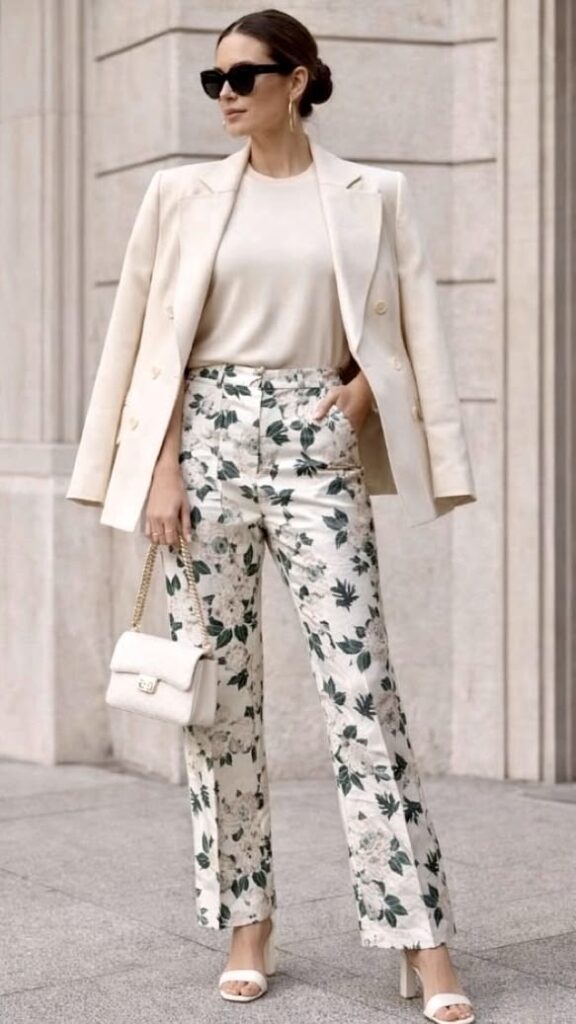 Floral Linen Pants with a White Blazer