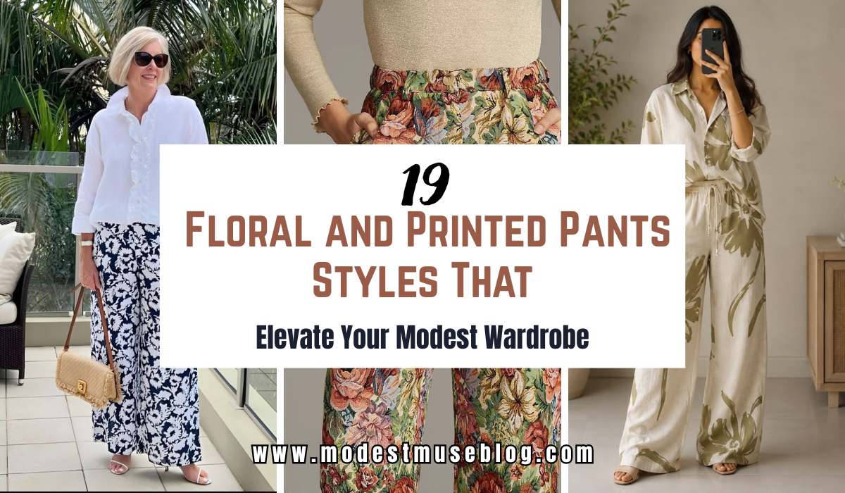 three grid floral outfit and text overlay Floral and Printed Pants Styles That Elevate Your Modest Wardrobe
