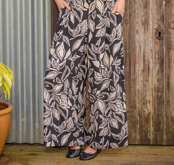 Leaf Print Palazzo Pants with a Beige Knit Top