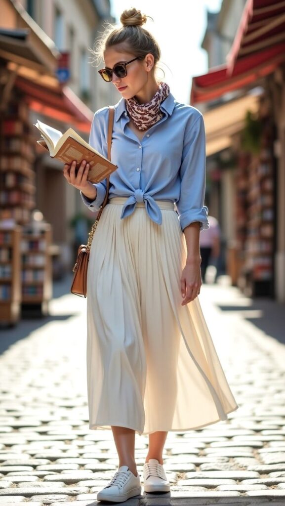 Linen Button-Down with a Pleated Maxi Skirt