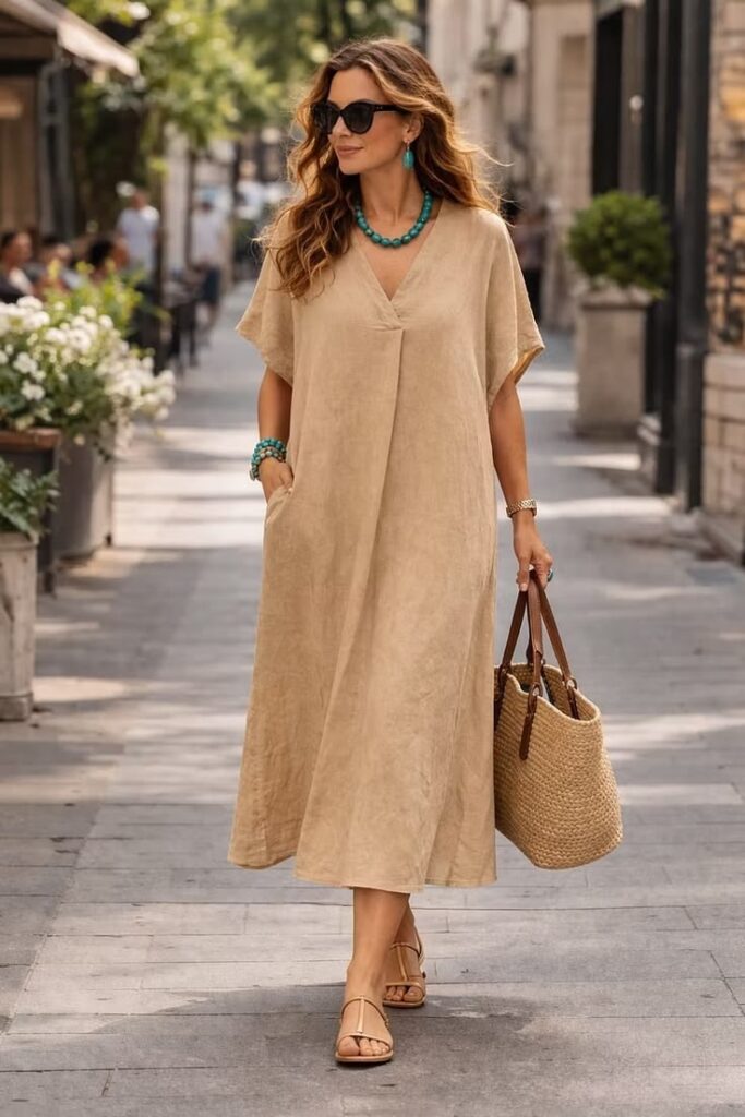 Linen Maxi Dress with Neutral Accessories