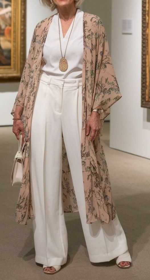 Long Kimono with a White T-Shirt and Linen Pants