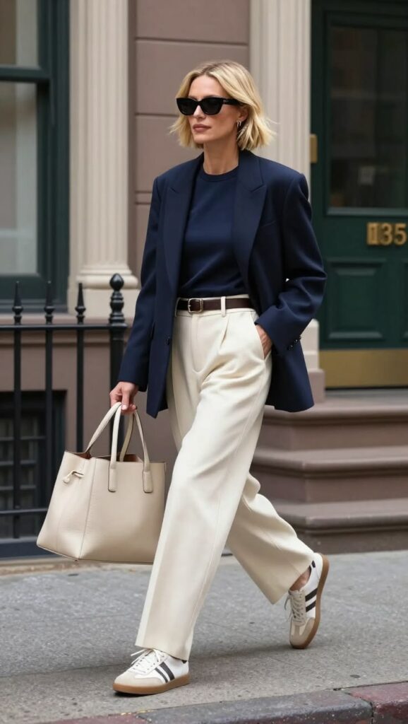 Navy Blazer with Cream Trousers