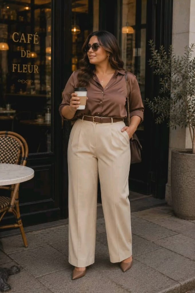 Neutral Blouse With Wide-Leg Trousers