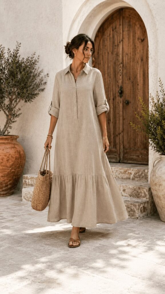 Neutral Linen Maxi Dress with Woven Accessories