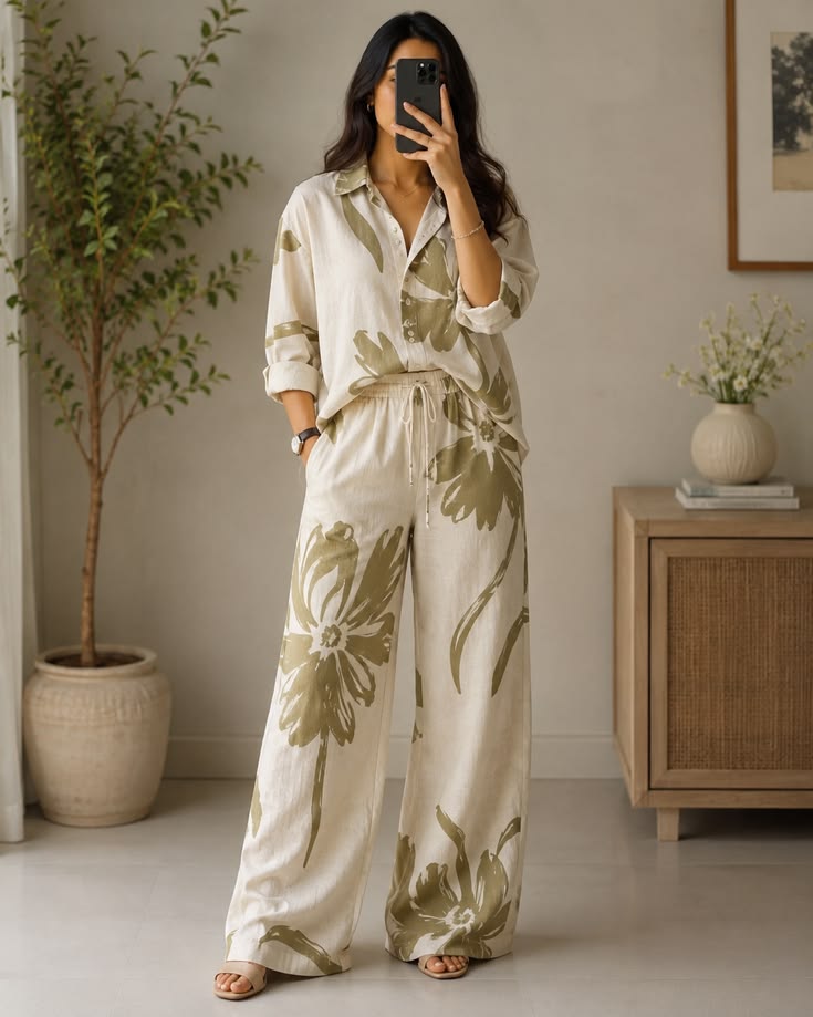 Neutral Printed Wide-Leg Pants with a Linen Shirt