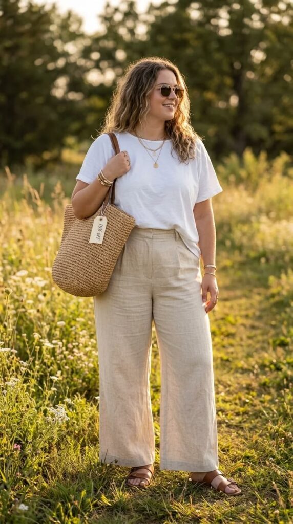 Neutral T-Shirt with Wide-Leg Linen Pants