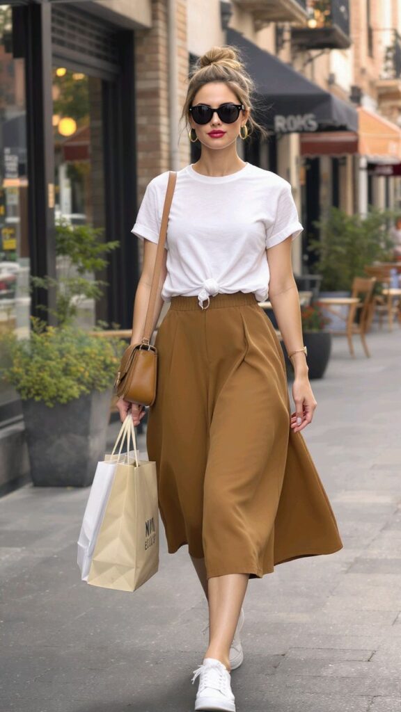 Neutral T-Shirt with a Pleated Midi Skirt