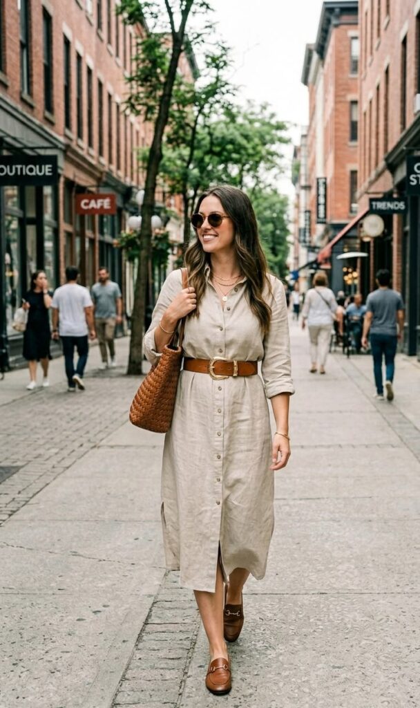 Poplin Shirt Dress with Leather Sandals