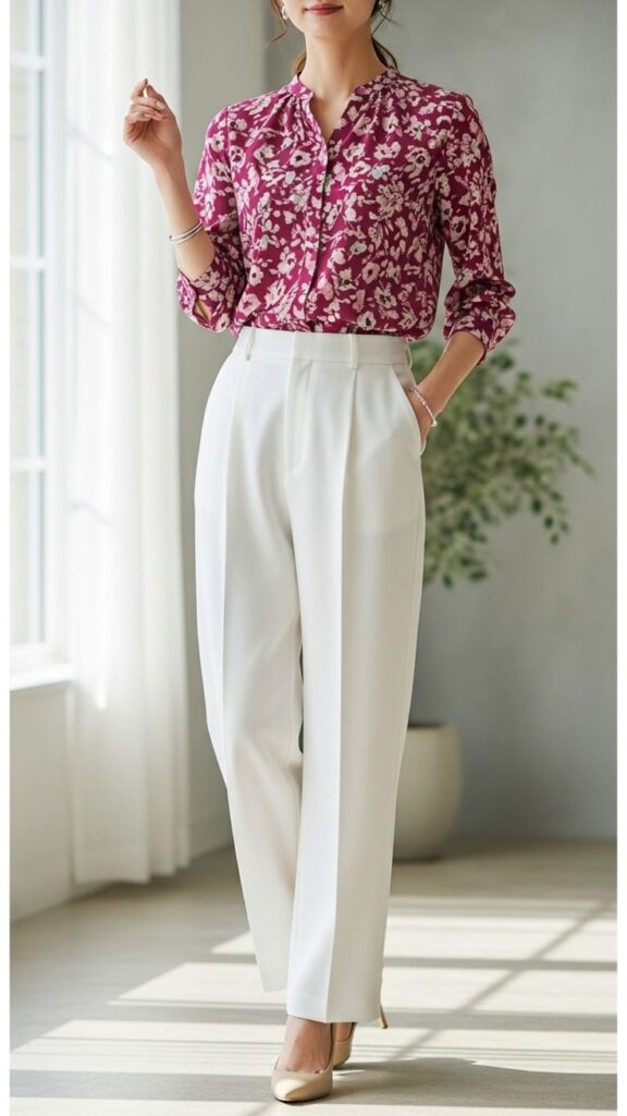 Printed Blouse with White Wide-Leg Trousers