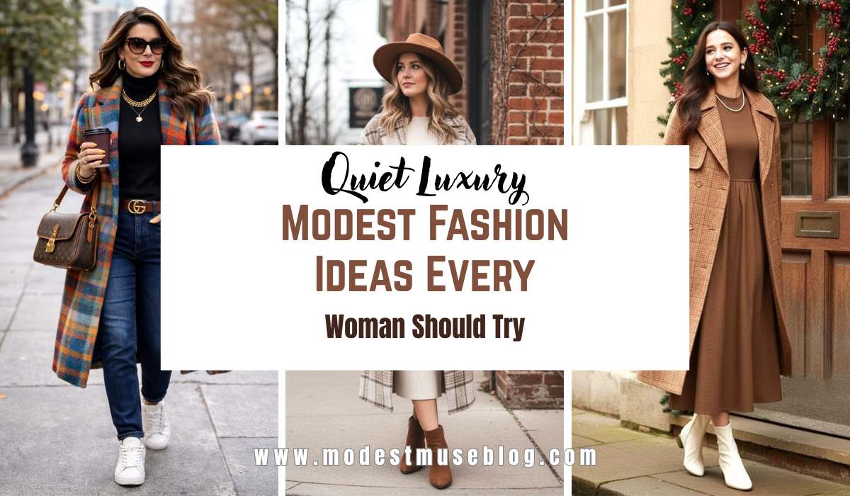 Three-grid modest image with center text overlay Quiet Luxury Modest Fashion Ideas Every Woman Should Try