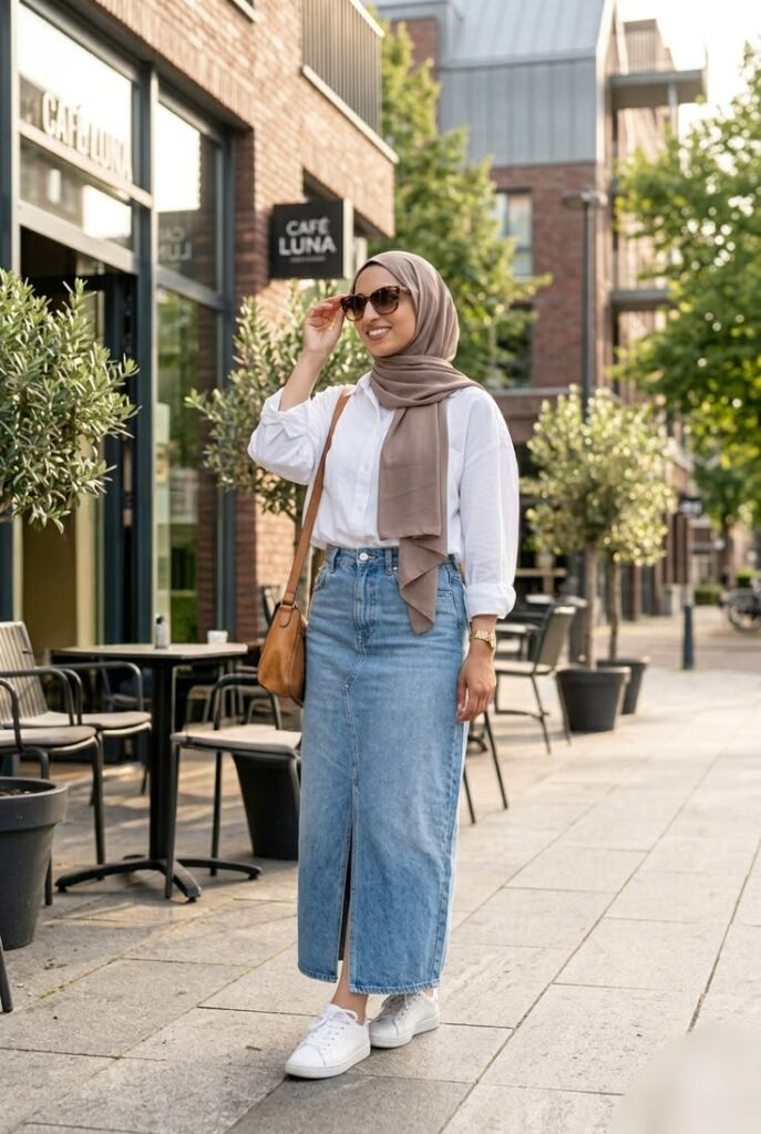 Relaxed T-Shirt with a Denim Maxi Skirt