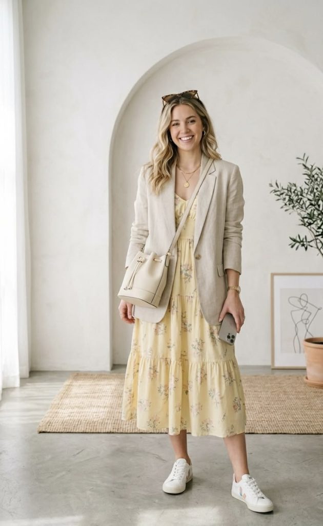 style a Neutral Maxi Dress with a Structured Blazer