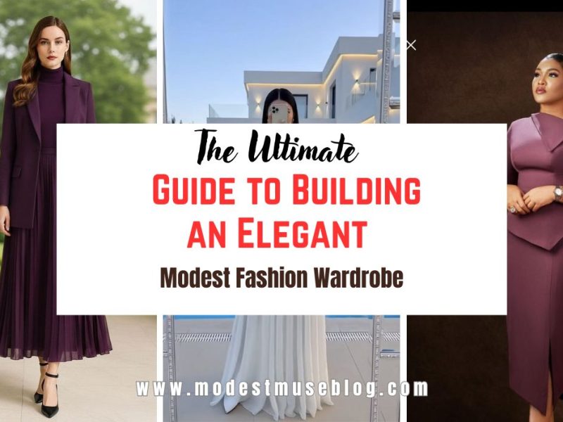 Three-grid modest dresses with center text overlay The Ultimate Guide to Building an Elegant Modest Fashion Wardrobe