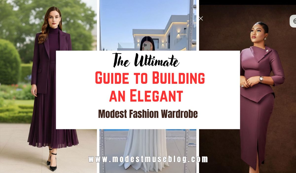 Three-grid modest dresses with center text overlay The Ultimate Guide to Building an Elegant Modest Fashion Wardrobe