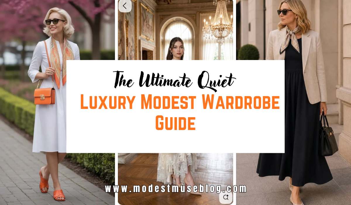 Three - grid modest image and text overlay The Ultimate Quiet Luxury Modest Wardrobe Guide
