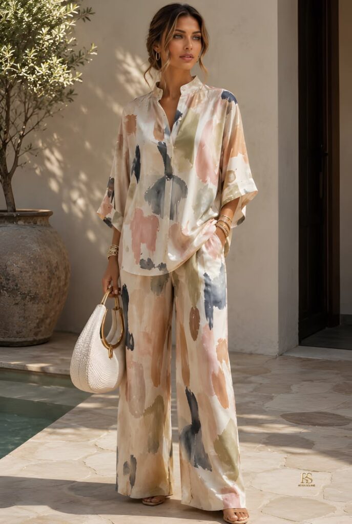 Watercolor Print Wide-Leg Pants