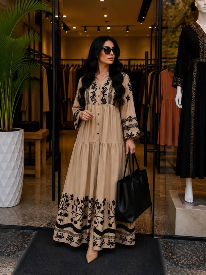 Wear a Beige Maxi Dress with Black Accessories