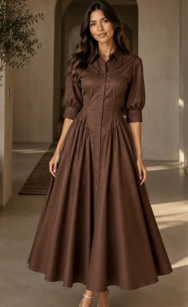 Wear a Chocolate Brown Maxi Dress with Cream Layers