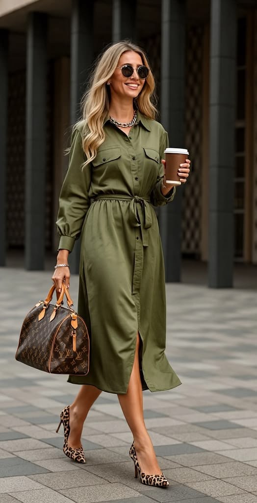 Wear a Green Maxi Dress with Tan Shoes