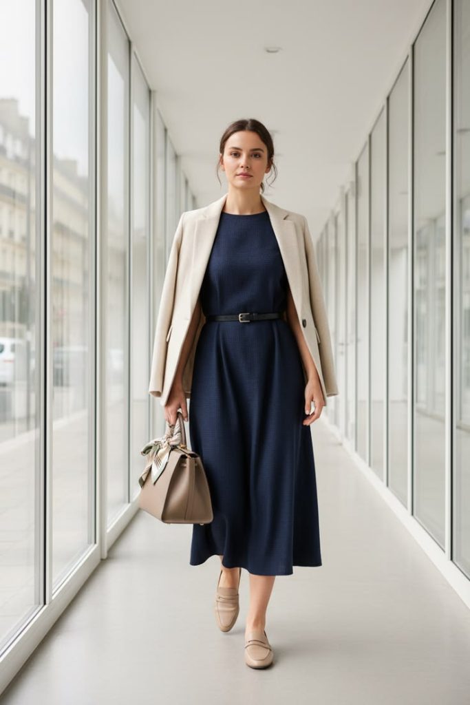 Wear a Navy Maxi Dress with Cream Accessories