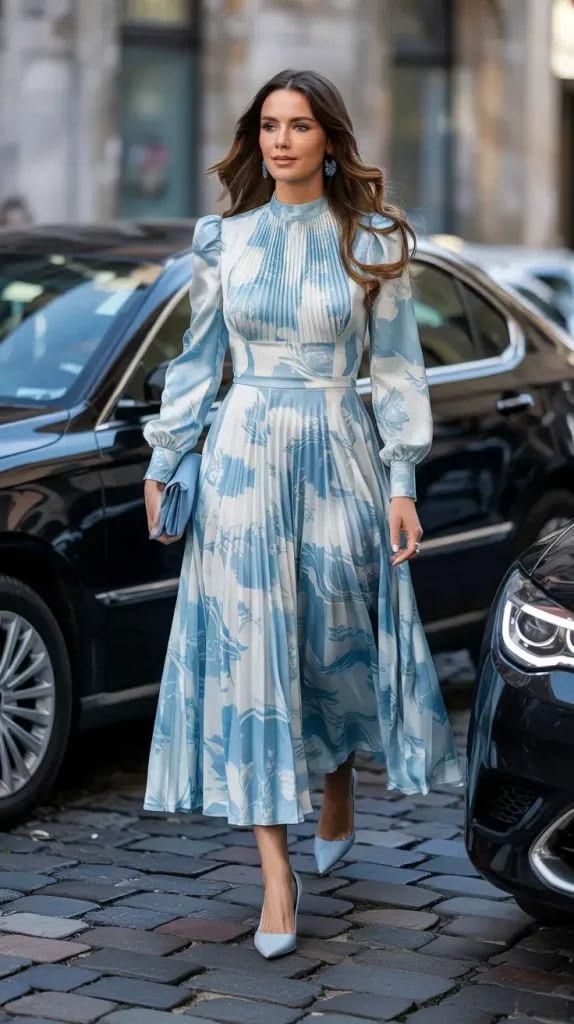 Wear a Pleated Maxi Dress with a Small Handbag